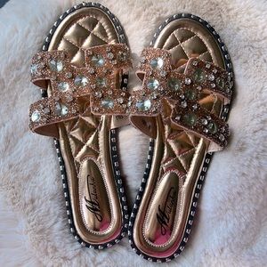 Rose gold embellished crystal flat sandals